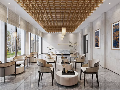 Modern Service Hall Interior With Wooden Lattice Ceiling Chandeliers Large Windows Sofas And Coffee Tables 3d model