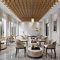 Modern Service Hall Interior With Wooden Lattice Ceiling Chandeliers Large Windows Sofas And Coffee Tables