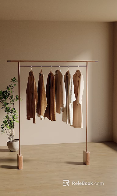 Minimalist Clothes Rack With Neutral Tones Coats And Green Plant Against Light Wall 3d model 