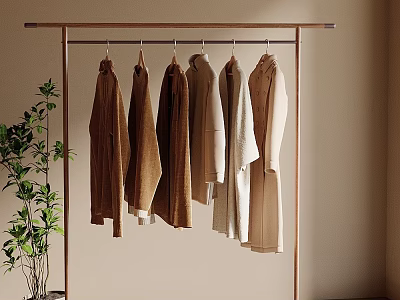 Minimalist Clothes Rack With Neutral Tones Coats And Green Plant Against Light Wall 3d model