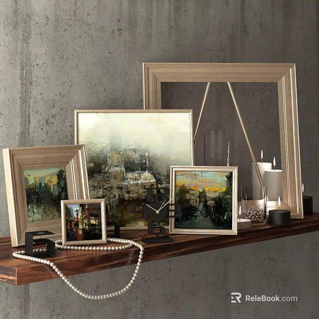 Framed Oil Paintings On Wooden Shelf Gray Wall Background Decorative Pearl Necklace And Candle Holders 3d model 