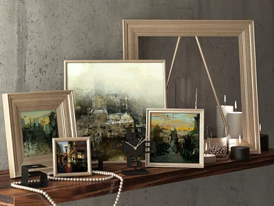 Framed Oil Paintings On Wooden Shelf Gray Wall Background Decorative Pearl Necklace And Candle Holders 3d model
