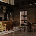 Modern Industrial Café Interior With Green Plants And Wooden Furniture
