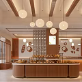 Modern Wooden Dessert Shop Interior With Pendant Lights And Pastry Display Counter