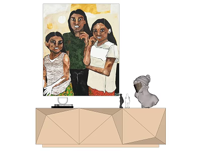 Vibrant Portrait Painting of Three People on Modern Geometric Cabinet with Decor 3d model