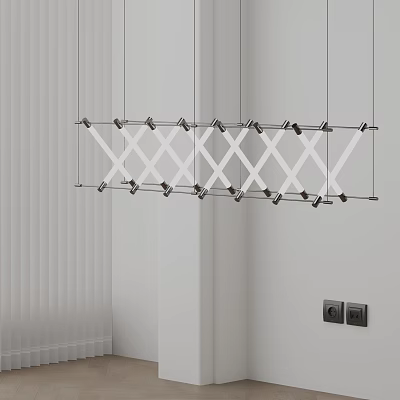 Modern Geometric Chandelier With Crossed Linear Design Metal Frame Hanging In White Interior Space 3d model