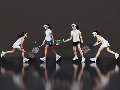Women Playing Tennis in White Tops Black Shorts with White Headbands and Ball in Air 3d model