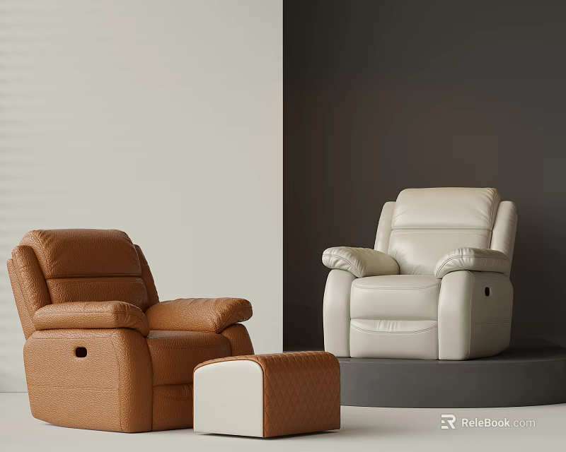 Brown and White Leather Massage Chairs with Matching Ottoman in Modern Design 3d model 