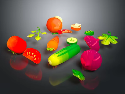 Fresh Colorful Vegetables For Healthy Diet Including Tomato Carrot Onion Cucumber And Green Leaves 3d model