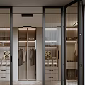 Glass Folding Doors In Modern Walk-in Closet Interior With Hanging Areas And Storage Drawers