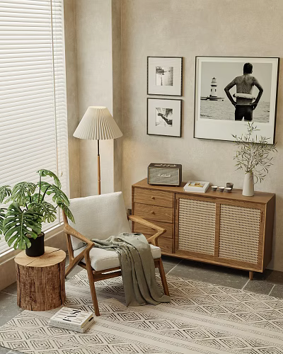 Cozy Interior Wooden Decorative Cabinet With Rattan Doors Drawers Chair Floor Lamp And Green Plant 3d model