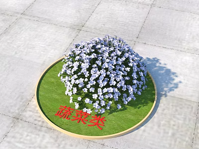 Blue and White Flowers Blooming on Circular Green Lawn with Small Red Sign 3d model