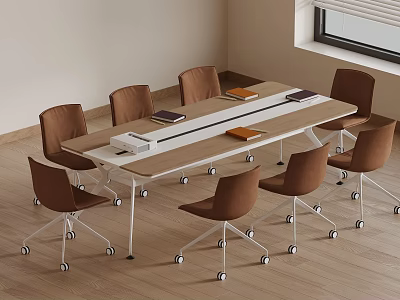 Modern Office Meeting Table With Brown Rolling Chairs And Books 3d model