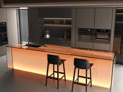 Modern Restaurant Interior With Glass Top Bar Counter Orange Lighting And Black Stools 3d model