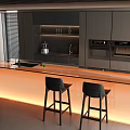 Modern Restaurant Interior With Glass Top Bar Counter Orange Lighting And Black Stools