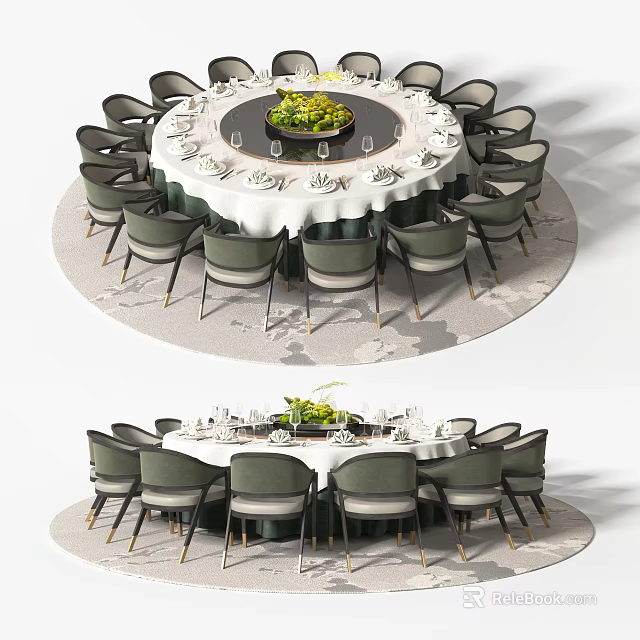 Round Dining Table Set With Green Chairs White Tablecloth And Floral Centerpiece On Circular Rug 3d model 