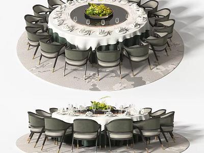 Round Dining Table Set With Green Chairs White Tablecloth And Floral Centerpiece On Circular Rug 3d model