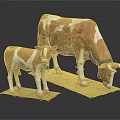 Brown And White Adult Cow With Calf Standing On Green Base Against Gray Background