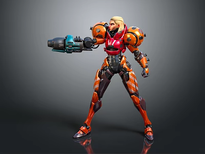 Futuristic Armored Female Character With Orange Red Armor Mechanical Arm And Weapon Design 3d model