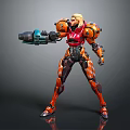 Futuristic Armored Female Character With Orange Red Armor Mechanical Arm And Weapon Design