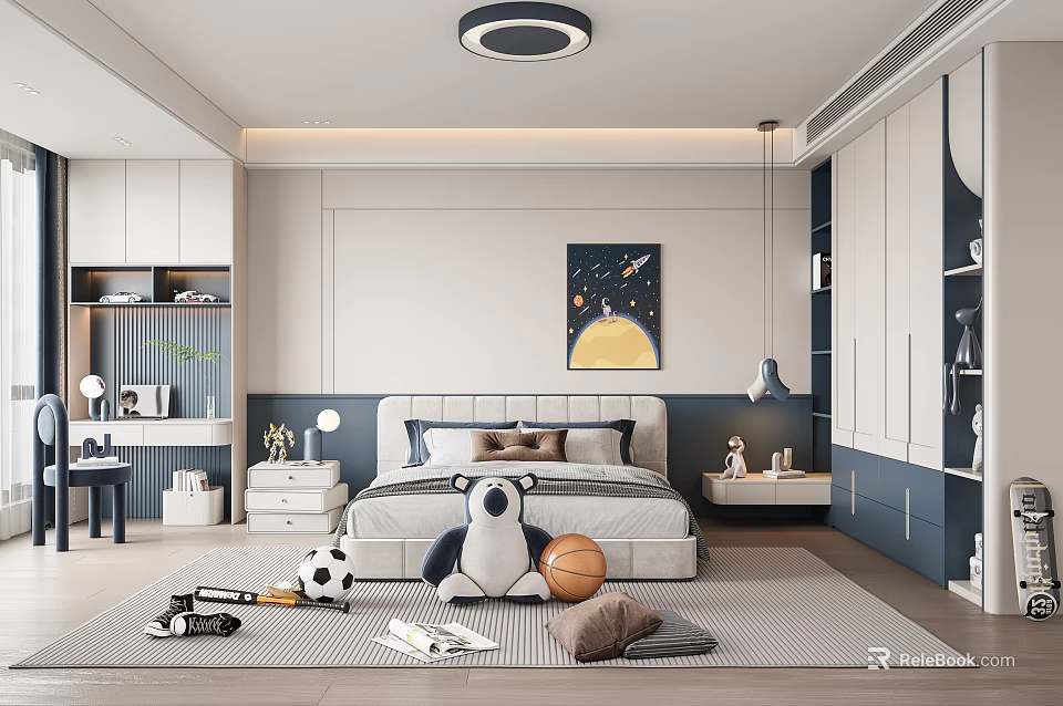 Modern Kids Room Interior Design With Stuffed Animal Sports Toys And Starry Sky Wall Art 3d model 