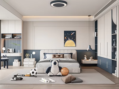 Modern Kids Room Interior Design With Stuffed Animal Sports Toys And Starry Sky Wall Art 3d model