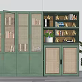 Modern Green Bookcase With Rattan Doors Open Shelves Books Decorations And Potted Plant