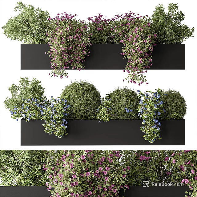 Stylish Black Flower Pots With Purple Flowers Green Shrubs And Blue Blooms 3d model 