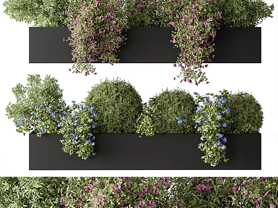 Stylish Black Flower Pots With Purple Flowers Green Shrubs And Blue Blooms 3d model