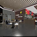 Modern Restaurant Interior With Red Decor Open Kitchen Menu Display Dining Tables And Chairs