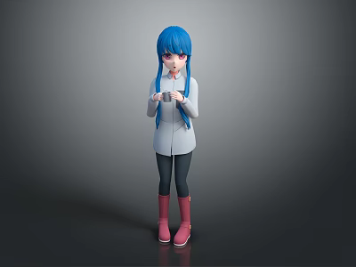 3D Model Character With Blue Hair Gray Coat Black Pants Pink Boots Holding A Cup 3d model