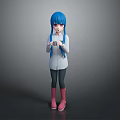 3D Model Character With Blue Hair Gray Coat Black Pants Pink Boots Holding A Cup