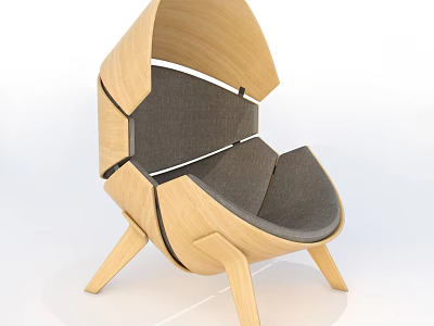 Modern Wooden Accent Chair With Gray Cushion And Curved Frame Design 3d model