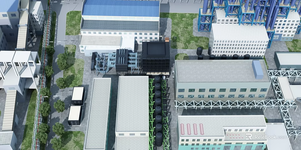 Aerial View Of Industrial Factory Buildings With Various Roofs Conveyor Systems And Green Lawns 3d model 