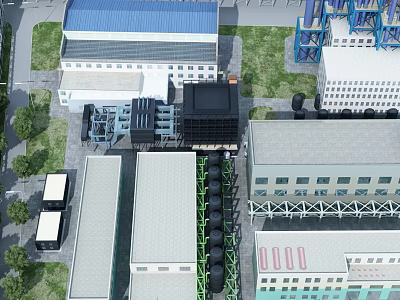 Aerial View Of Industrial Factory Buildings With Various Roofs Conveyor Systems And Green Lawns 3d model