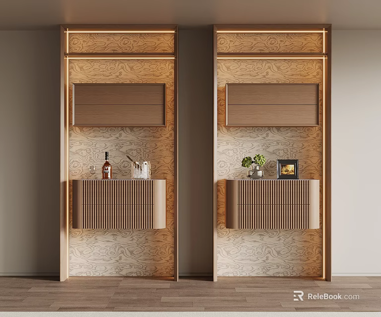 Modern Wooden Symmetric Wine Cabinet With Wine Bottles Plants And Photo Frame 3d model 
