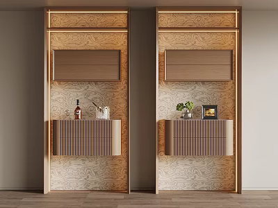 Modern Wooden Symmetric Wine Cabinet With Wine Bottles Plants And Photo Frame 3d model