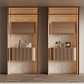 Modern Wooden Symmetric Wine Cabinet With Wine Bottles Plants And Photo Frame