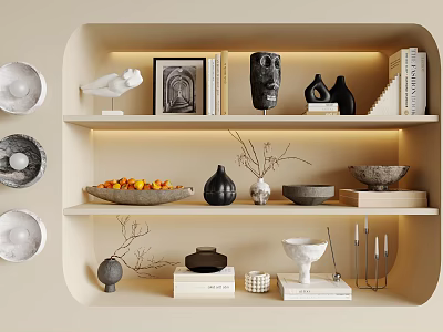 Decorative Ornament Combination on Beige Shelves Lit with Warm Lighting Featuring Sculptures Vases Books Bowls 3d model