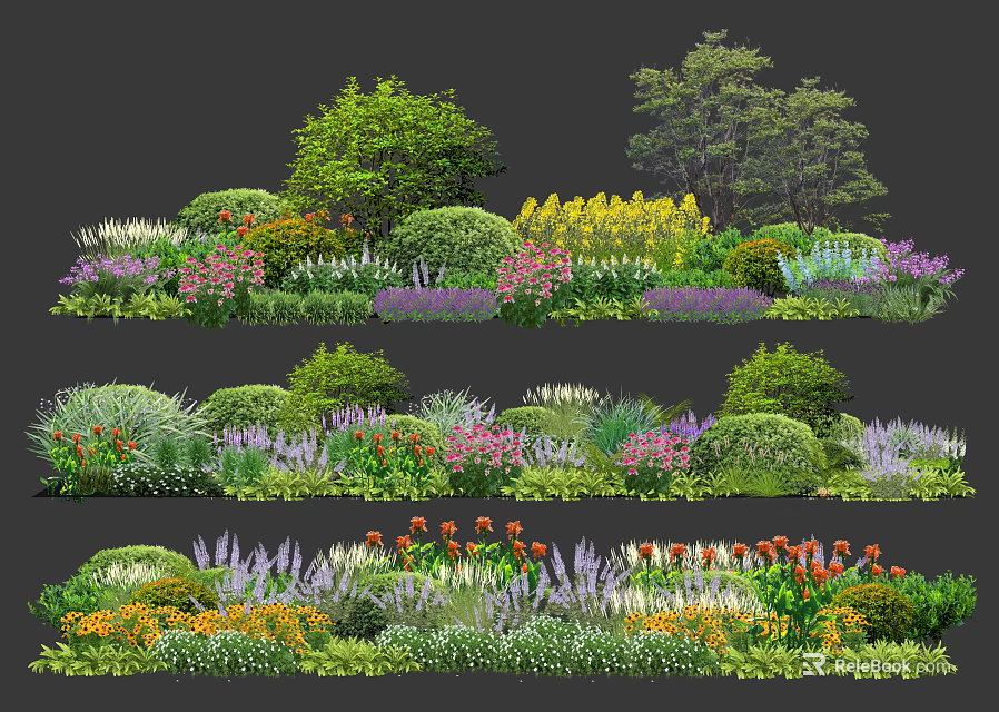Diverse Garden Shrubs With Colorful Flowers And Varied Foliage In Landscape Design 3d model 