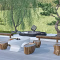 Garden Landscape Featuring Wooden Deck Stone Fire Pit Sculpted Pine Tree And Metal Art Installation