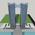 Modern Twin Office Towers With Glass Facade Connecting Structure Waterfront And Greenery