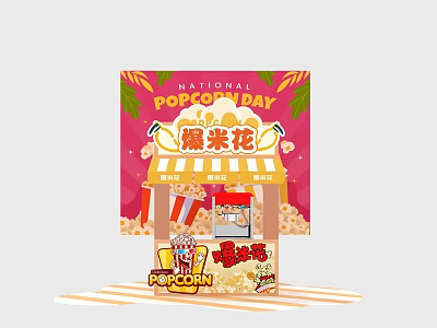 National Popcorn Day Festive Stall With Colorful Decor And Popcorn Buckets 3d model