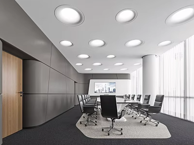 Modern Conference Room Interior With Round Ceiling Lights Wooden Door Black Chairs And Large Windows 3d model