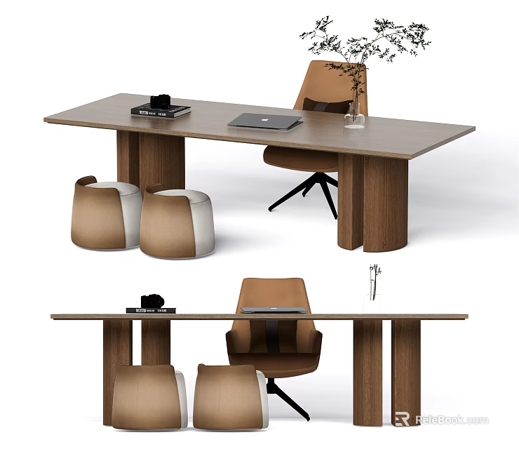 Modern Wooden Desk With Laptop Black Decorative Item Potted Plant Brown Chair And Round Stools 3d model 