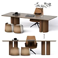 Modern Wooden Desk With Laptop Black Decorative Item Potted Plant Brown Chair And Round Stools
