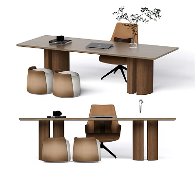 Modern Wooden Desk With Laptop Black Decorative Item Potted Plant Brown Chair And Round Stools 3d model