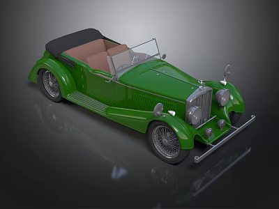 Green Vintage Convertible Car With Black Soft Top And Brown Interior 3d model