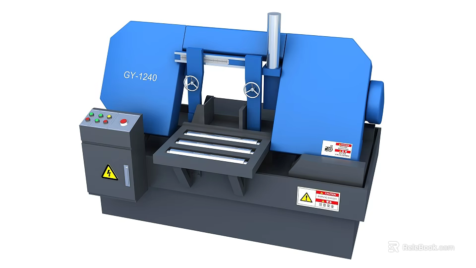 Industrial Band Saw Machine GY1240 With Blue Gray Design Control Panel And Warning Labels 3d model 