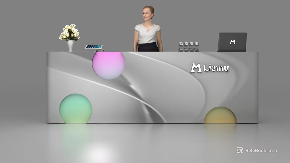 Modern Liemu Reception Desk With Colorful Spheres Vase Tablet Laptop and Female Receptionist 3d model 